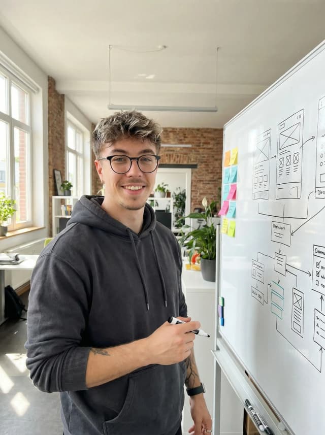 Yannis beim Brainstorming am Whiteboard