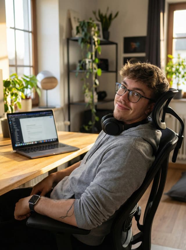 Yannis entspannt am Arbeitsplatz